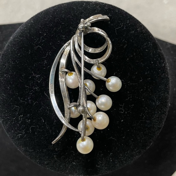 Sterling Silver Pearl Gemstones Brooch Pin 925 MCM Retro Vintage - Picture 2 of 3